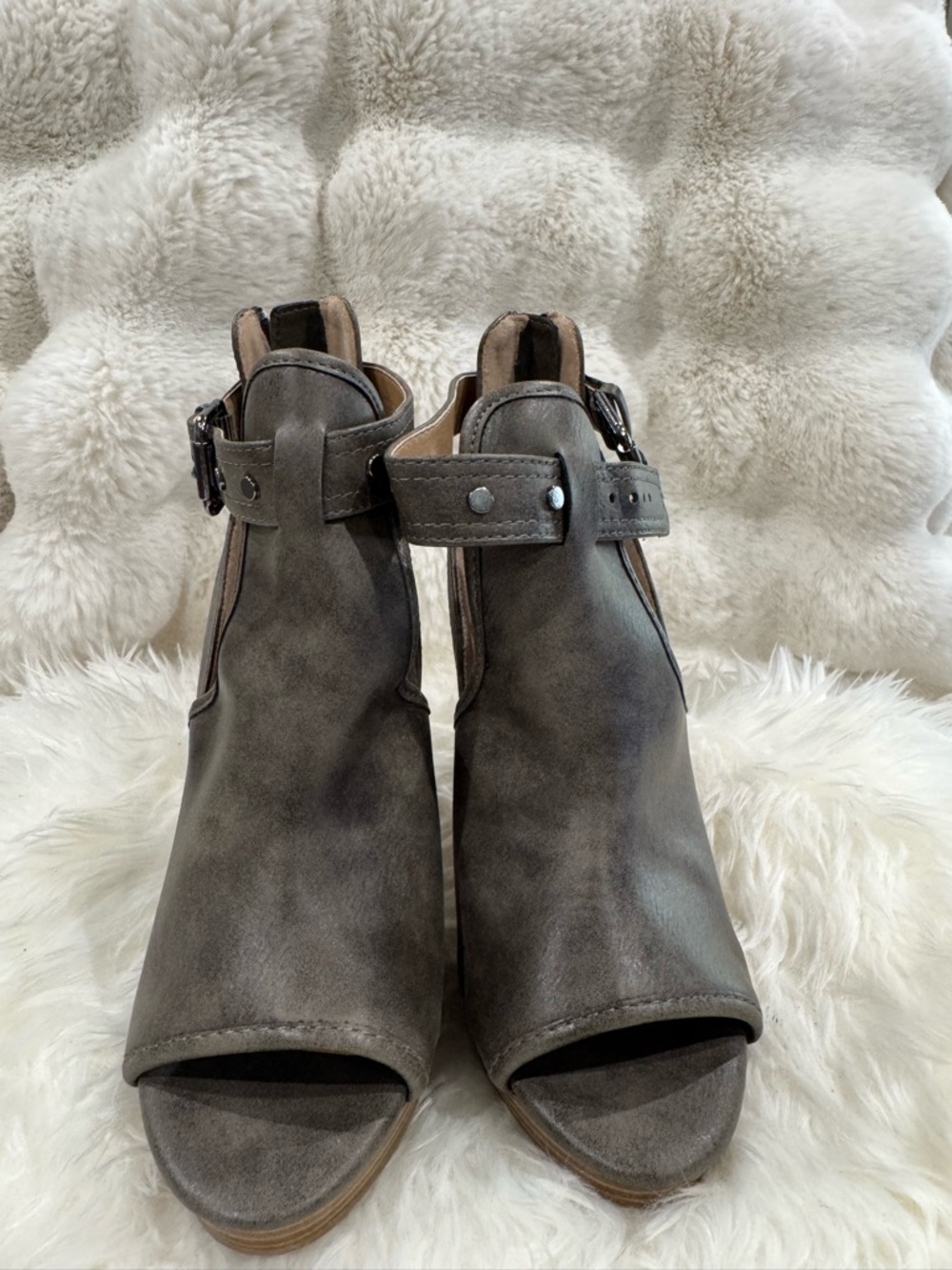 Report Gray Open-Toe Ankle Booties with Buckle